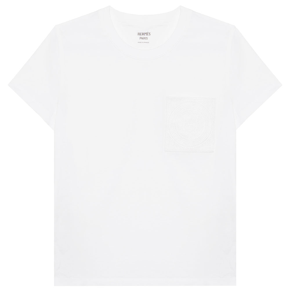 (Women) HERMES FW23  White T-Shirt with Solid Color and Embroidered Pocket. H3H4614DL90