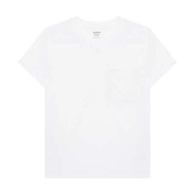 (Women) HERMES FW23 White T-Shirt with Solid Color and Embroidered Pocket. H3H4614DL90