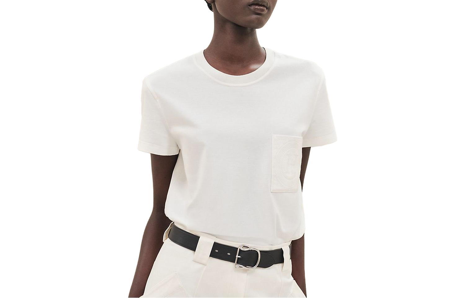 Order (W) HERMES FW23 Camiseta Blanca con Color Sólido y Bolsillo Bordado. H3H4614DL90
