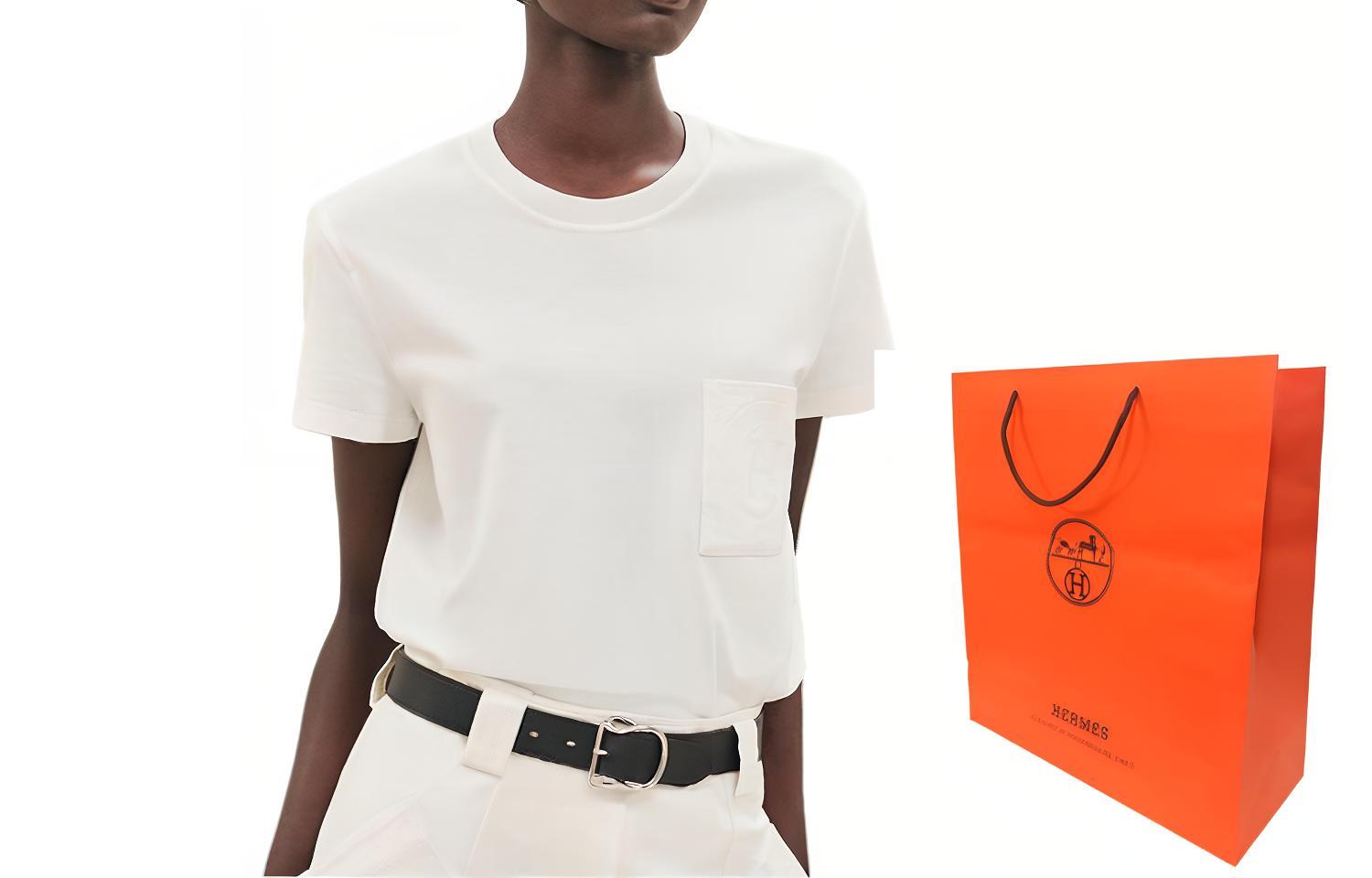 Shop (W) HERMES FW23 Camiseta Blanca con Color Sólido y Bolsillo Bordado. H3H4614DL90