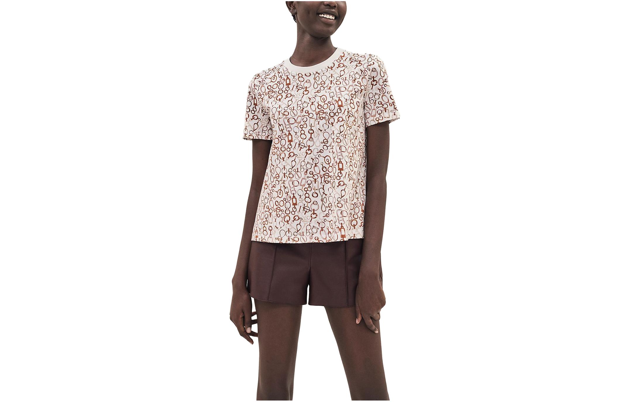 (Women) HERMES FW23 All-Over Print Crewneck Short Sleeve T-Shirt Women Pearl White H3H4624DRTL38