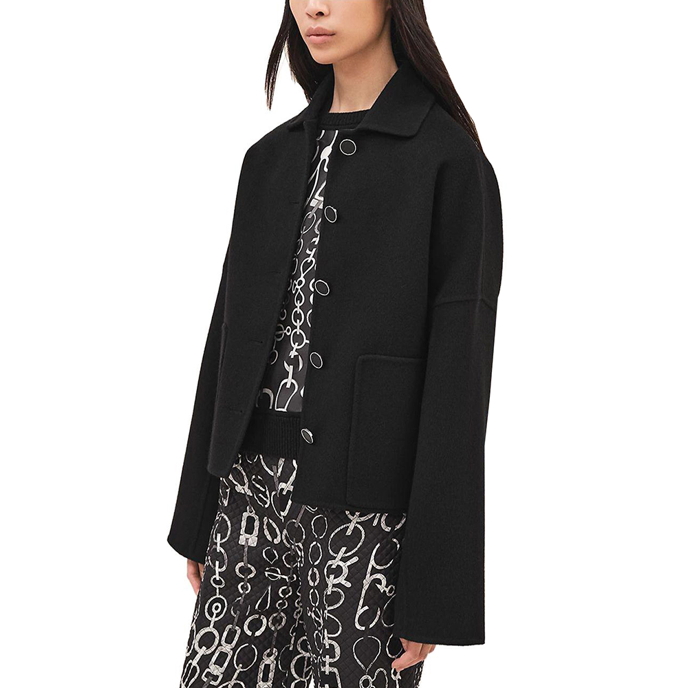 (Women) HERMES FW23 Embossed Leather Button Jacket Women’s Black H3H0102DA02