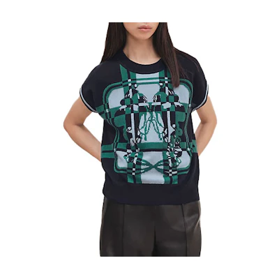 (Women) HERMES FW23 Patterned Crewneck Knit Sweater Women’s Oxford Green H3H2608DDED