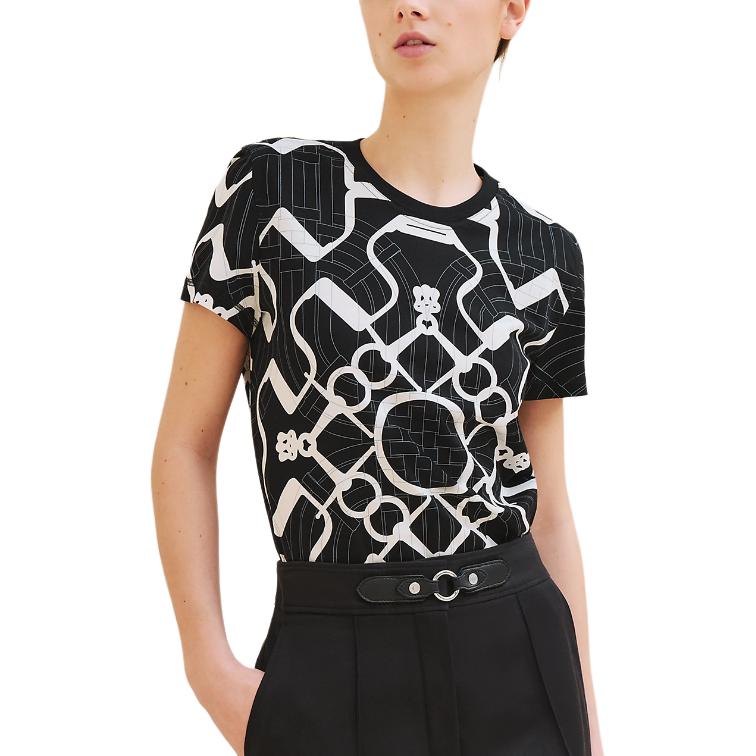 (Women) HERMES FW24  Black Knit Short-Sleeve Sweater with Colorblock Print. H4H4632DD02