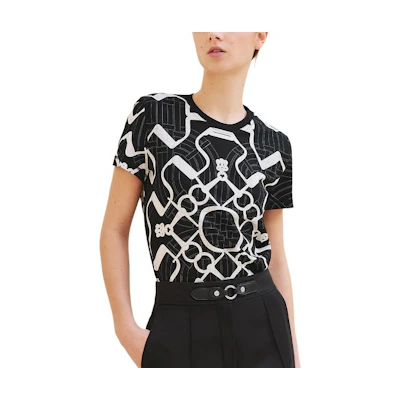 (Women) HERMES FW24 Black Knit Short-Sleeve Sweater with Colorblock Print. H4H4632DD02