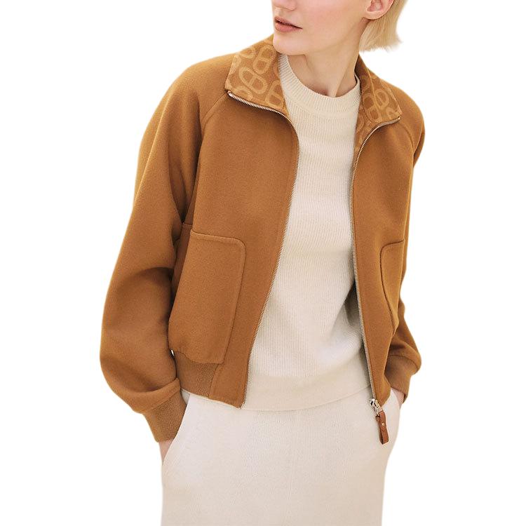 (Women) HERMES FW24  Caramel Brown Logo Print Zip Pocket Bomber Jacket. H4H0141DCG4
