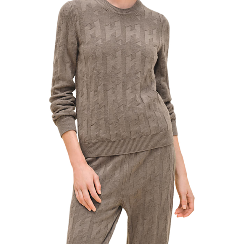 (Women) HERMES FW24  Grey Short-Sleeve Knit Sweater with Letter Pattern. H4H2621D3DK