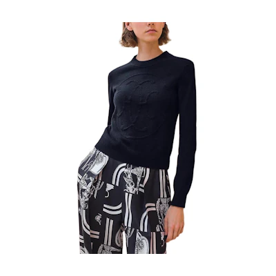 (Women) HERMES FW24 Logo Crewneck Cashmere Sweater in Blue-Black. H4H2602D15H