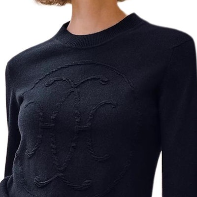 (Women) HERMES FW24 Logo Crewneck Cashmere Sweater in Blue-Black. H4H2602D15H Details for (Women) HERMES FW24 Logo Crewneck Cashmere Sweater in Blue-Black. H4H2602D15H