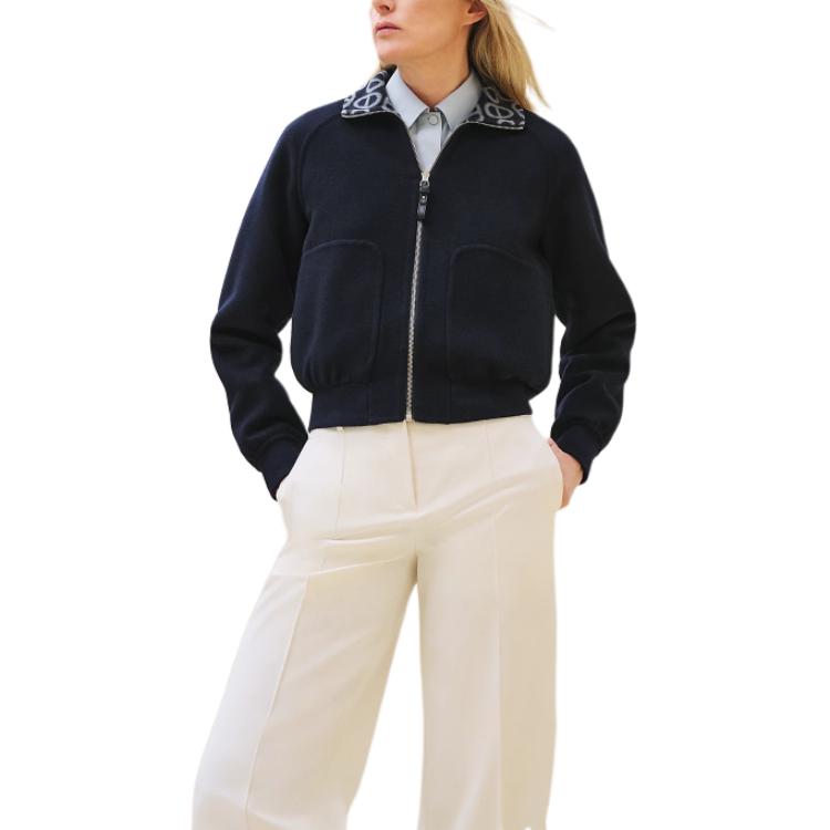 (Women) HERMES FW24  Reversible High Collar Zip Long Sleeve Jacket - Navy Blue H4H0141DCH5