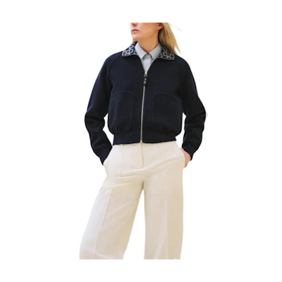 (Women) HERMES FW24 Reversible High Collar Zip Long Sleeve Jacket - Navy Blue H4H0141DCH5