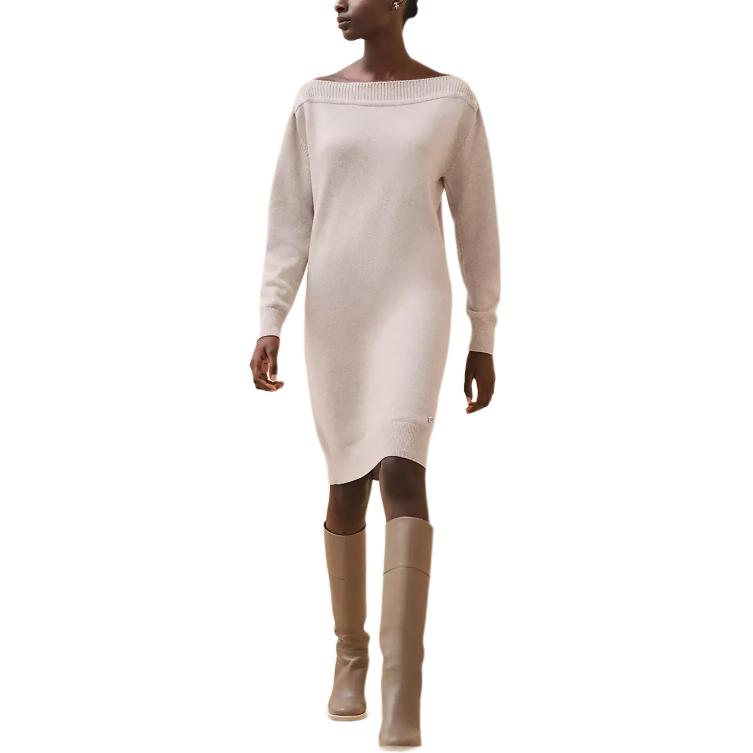 (Women) HERMES FW24  Ribbed Knit Midi Long Sleeve Dress Natural Beige H4H2541D1MV