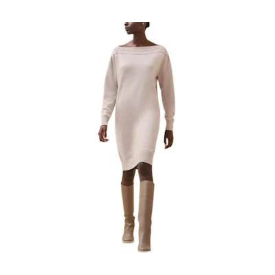(Women) HERMES FW24 Ribbed Knit Midi Long Sleeve Dress Natural Beige H4H2541D1MV