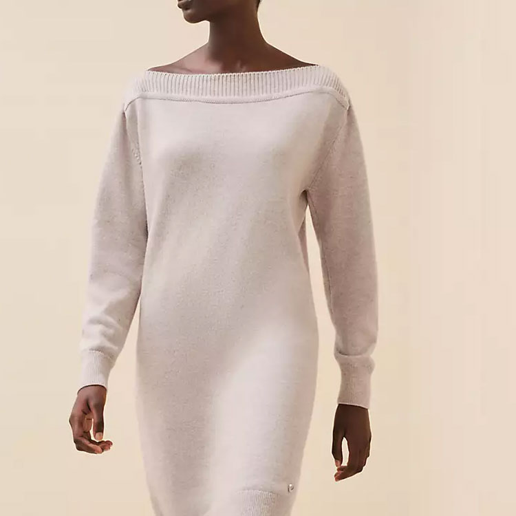 Details for (Women) HERMES FW24  Ribbed Knit Midi Long Sleeve Dress Natural Beige H4H2541D1MV