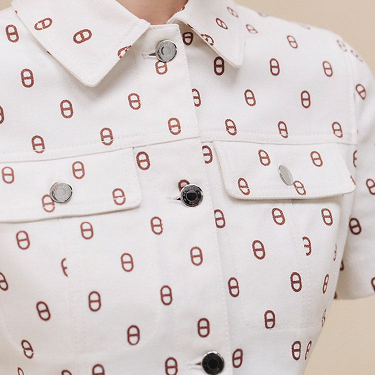 Details for (W) 에르메스 FW24 슬림핏 반팔 드레스 올오버 프린트 멀티컬러. H4H0551D3HW