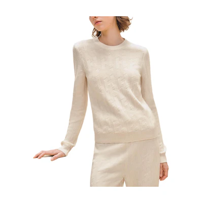 (Women) HERMES FW24 White Knit Sweater with Solid Logo and Ribbed Long Sleeves H4H2610D3A3