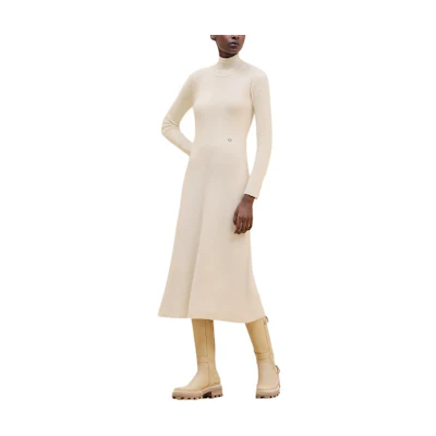 (Women) HERMES FW24 White Long-Sleeve Midi Dress with Ribbed Turtleneck Details. H4H2528D1A3