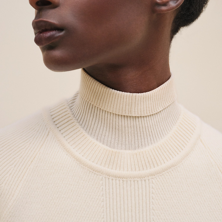 Shop (Women) HERMES FW24  White Long-Sleeve Midi Dress with Ribbed Turtleneck Details. H4H2528D1A3