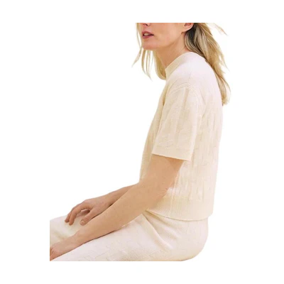 (Women) HERMES FW24 White Plain Ribbed Knit Casual Short Sleeve Top. H4H2621D3A3