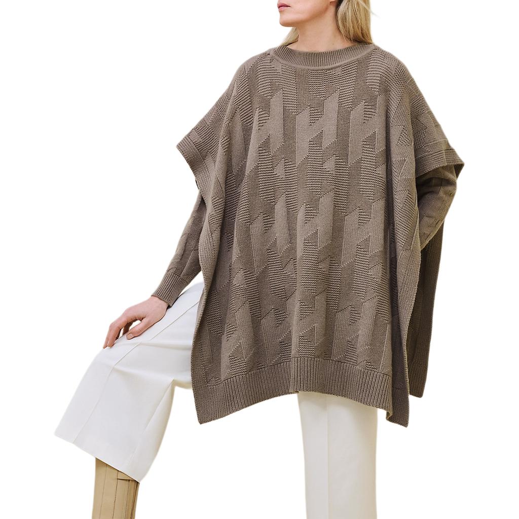 (Women) HERMES FW24 Grey Wool Ribbed Knit Poncho Cape Sweater H4H2904D3DK34