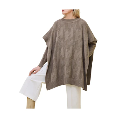 (Women) HERMES FW24 Grey Wool Ribbed Knit Poncho Cape Sweater H4H2904D3DK34