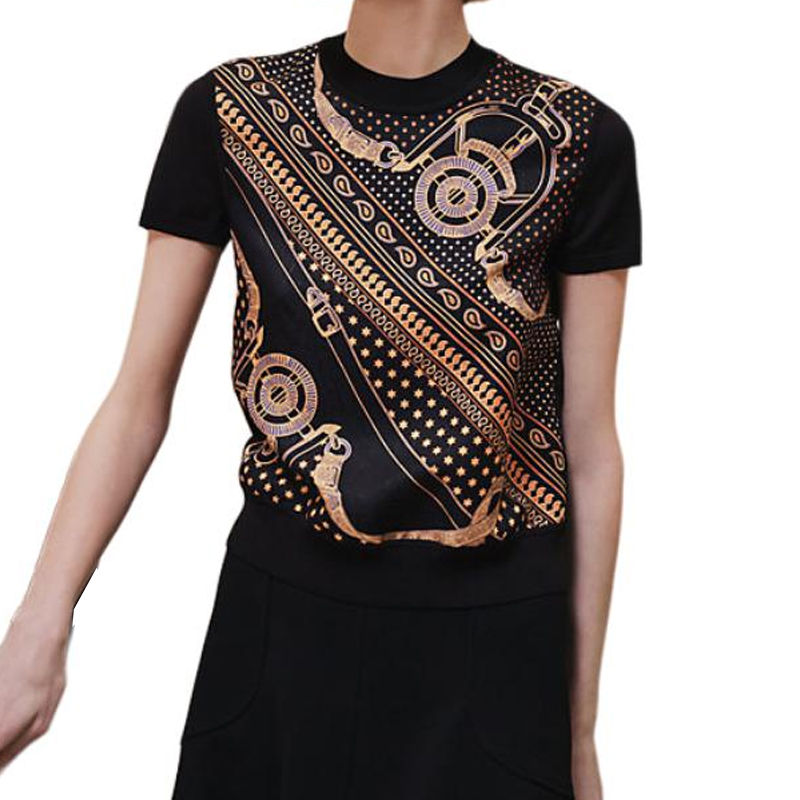 (Women) HERMES FW24 Pattern Print Black Knitted Short Sleeve T-Shirt . H4H2816D302