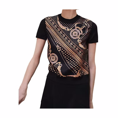 (Women) HERMES FW24 Pattern Print Black Knitted Short Sleeve T-Shirt . H4H2816D302