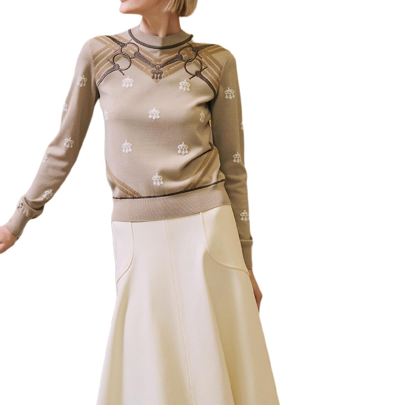 (Women) HERMES FW24 Toy Lock Embroidered Crewneck Sweater Beige H4H2662DDF8