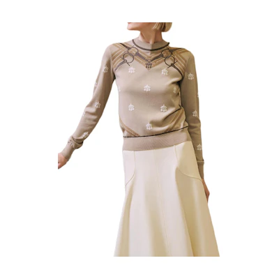 (Women) HERMES FW24 Toy Lock Embroidered Crewneck Sweater Beige H4H2662DDF8