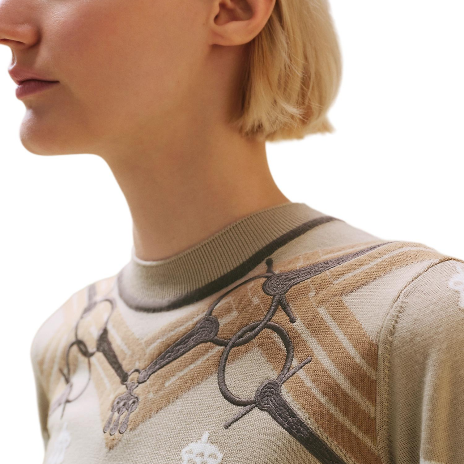 Shop (Women) HERMES FW24 Toy Lock Embroidered Crewneck Sweater Beige H4H2662DDF8