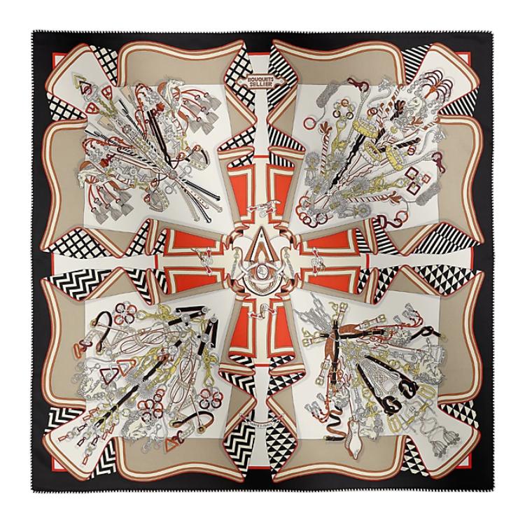 (Women) HERMES Geometric Bouquet Design Silk Scarf  Black H982842S06