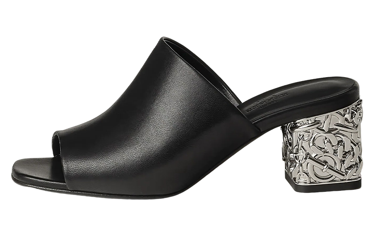 (W) HERMES Glossy 'Black Block-Heel Slide Sandal'