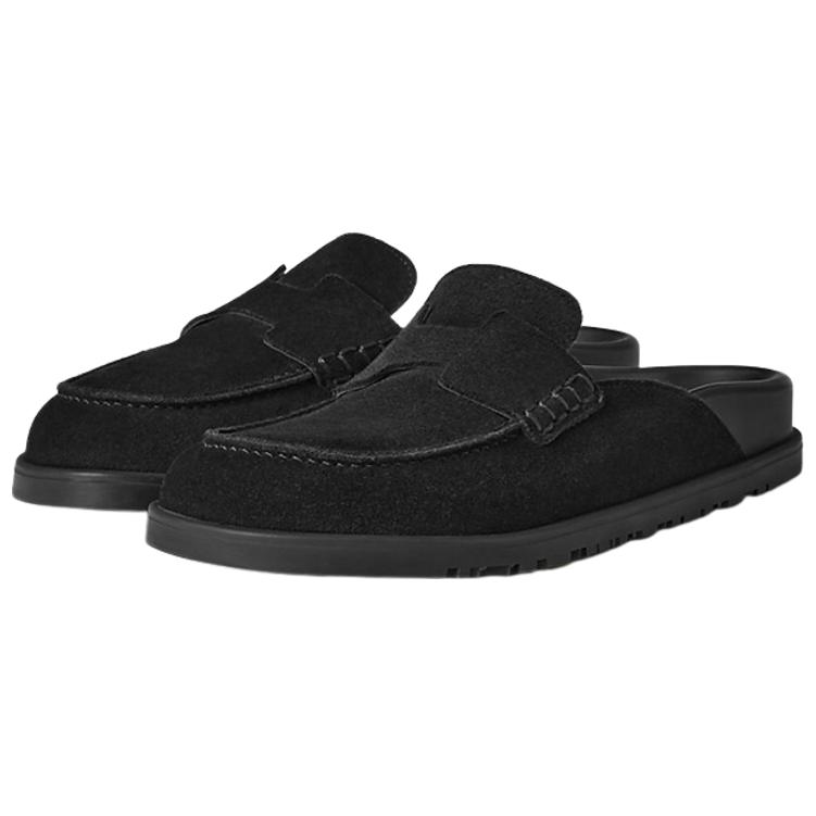 Shop HERMES愛馬仕 Go Mule 皮革 平底 套穿 時尚涼拖 女款 黑色