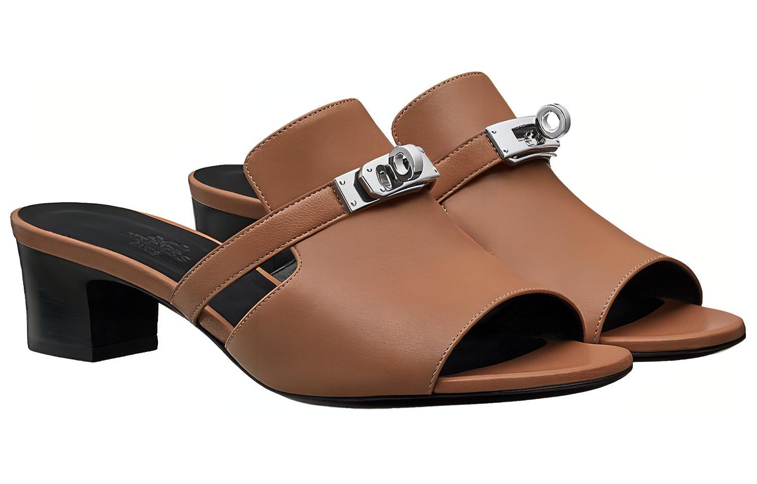 (W) HERMES Goat Skin Fashion High Heeled Sandals 'Brown' 圖 3