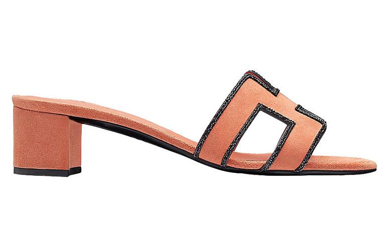 Order (W) HERMES Tumit Tinggi Kulit Kambing dengan Hiasan Kristal 'Orange Fashion' H201002Z-5T