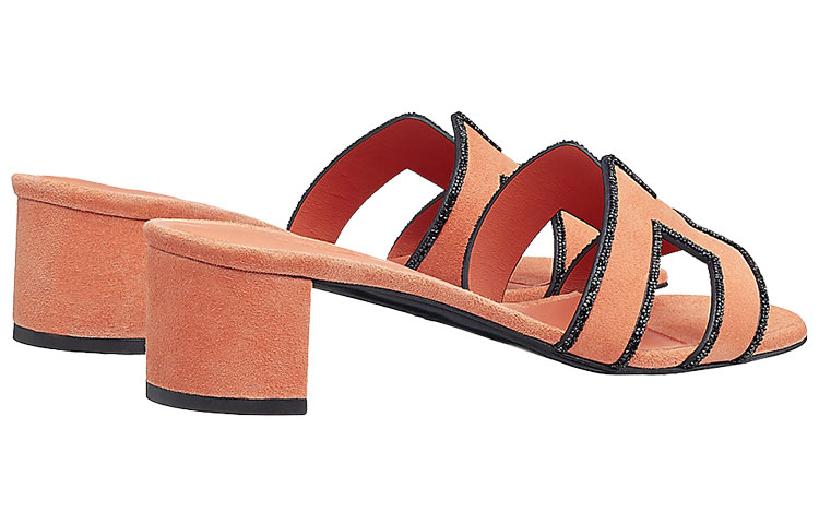 Shop (W) HERMES Tumit Tinggi Kulit Kambing dengan Hiasan Kristal 'Orange Fashion' H201002Z-5T