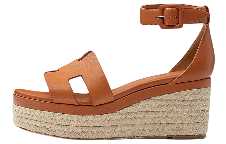 (W) HERMES Goat Skin Woven Flat Sandal 'Brown'