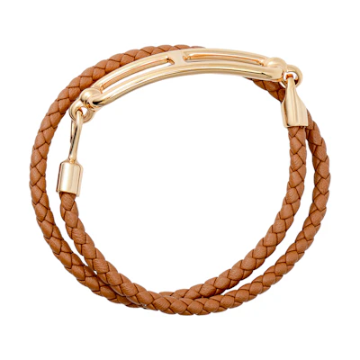 (Women) HERMES Gold Pig Nose Buckle Double Wrap Braided Bracelet Gold Brown . H071727F-37