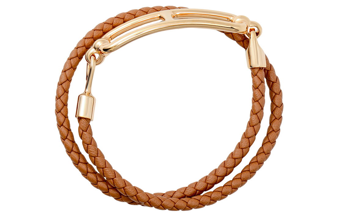 (Women) HERMES Gold Pig Nose Buckle Double Wrap Braided Bracelet Gold Brown . H071727F-37 圖 2