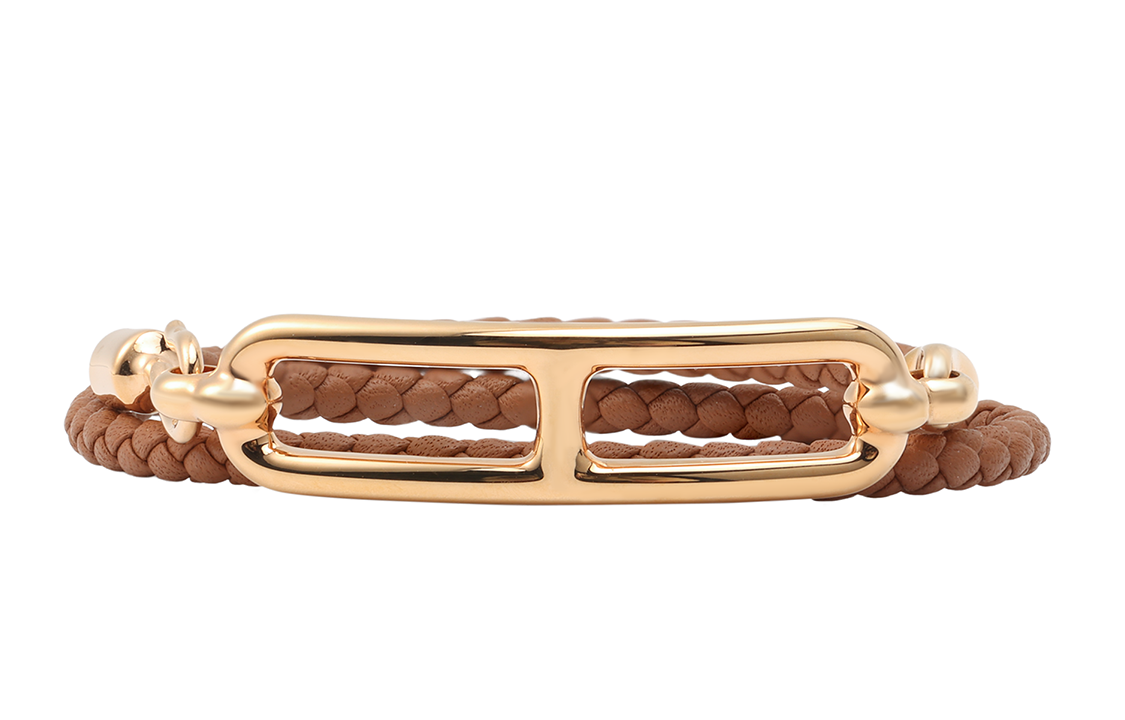 (Women) HERMES Gold Pig Nose Buckle Double Wrap Braided Bracelet Gold Brown . H071727F-37 圖 3