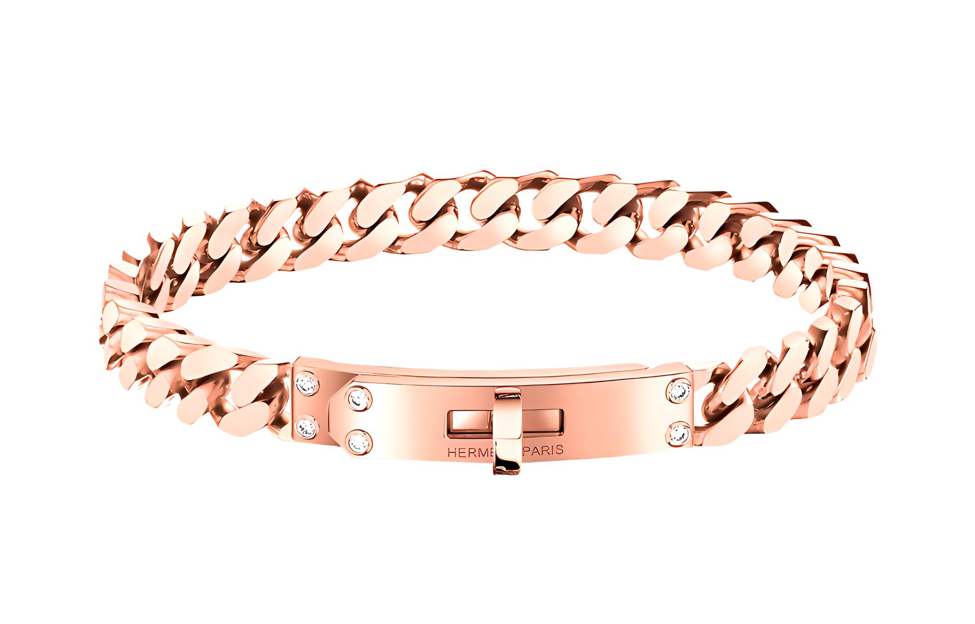 (Women) HERMES Gourmette Bracelet with Diamonds & Kelly Clasp Rose Gold for Women. H120435B-00LG