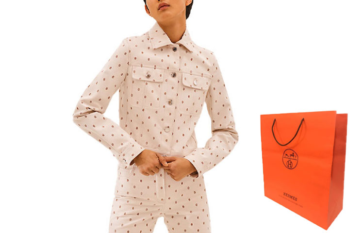 Shop (Women) HERMES Grey and White Printed Chaine d'Ancre Denim Jacket H1E0230DZ91