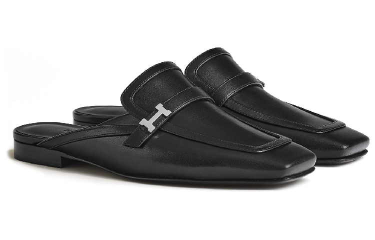 Shop (W) HERMES Groupie Slide 'Cuero de Cabra Negro' H231054Z-02