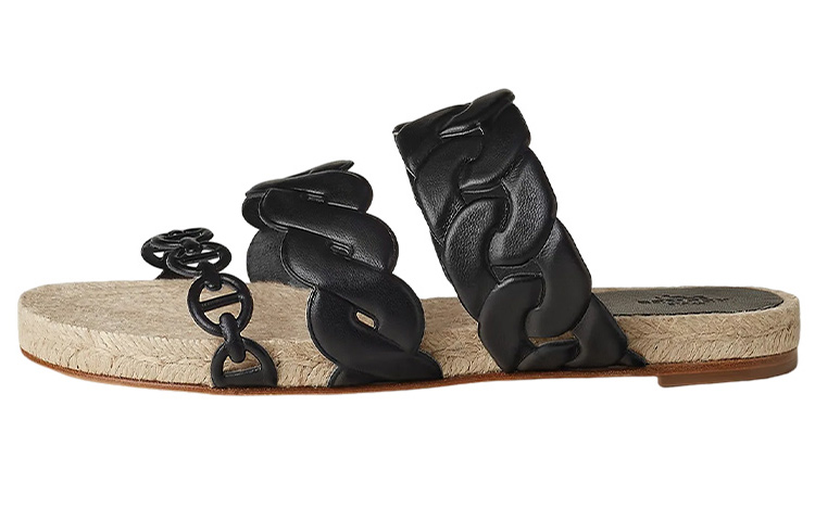 (Women) HERMES Gwen 'Black Woven Leather Open-Toe Slide' H231132Z-02