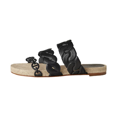 (W) HERMES Gwen 'Black Woven Leather Open-Toe Slide'