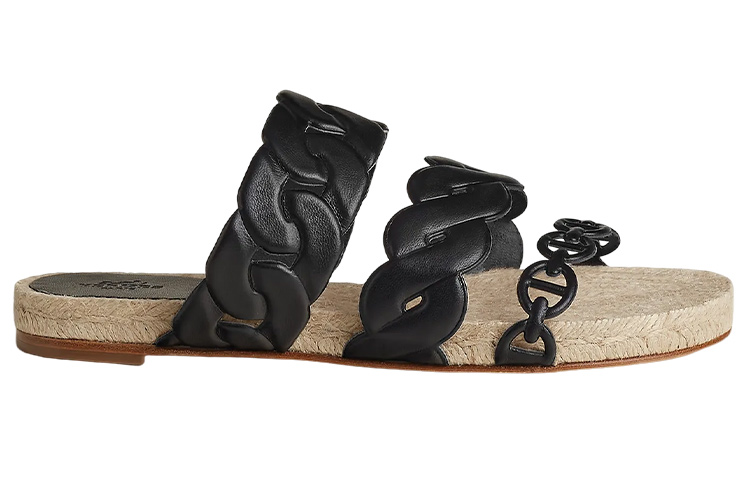 Order (W) 爱马仕 Gwen 黑色编织皮革露趾拖鞋 H231132Z-02