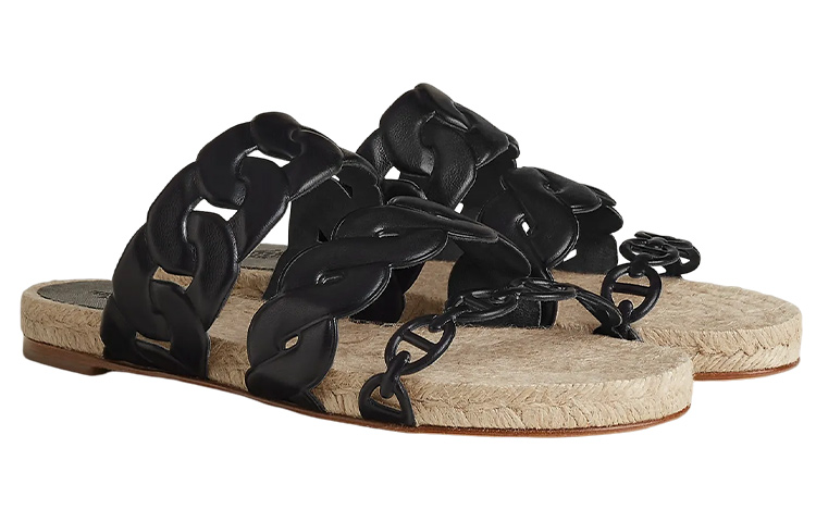 Lookbook (W) 爱马仕 Gwen 黑色编织皮革露趾拖鞋 H231132Z-02