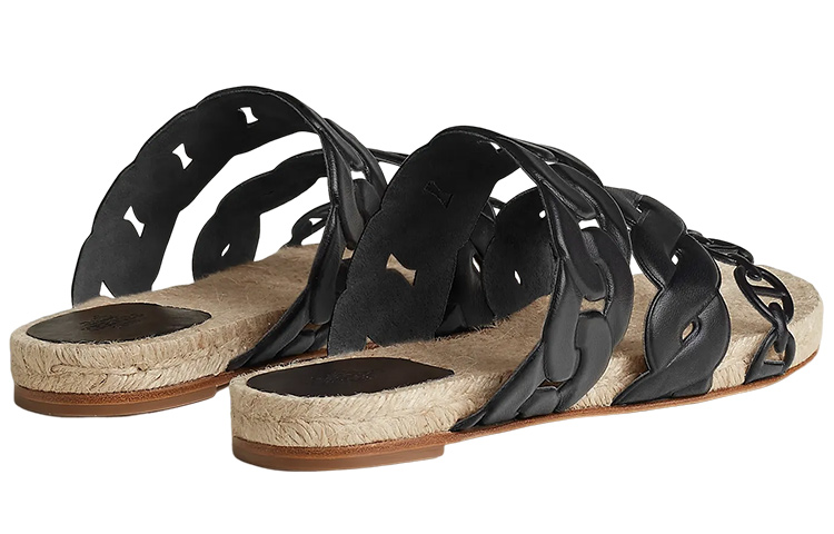 Shop (W) 爱马仕 Gwen 黑色编织皮革露趾拖鞋 H231132Z-02