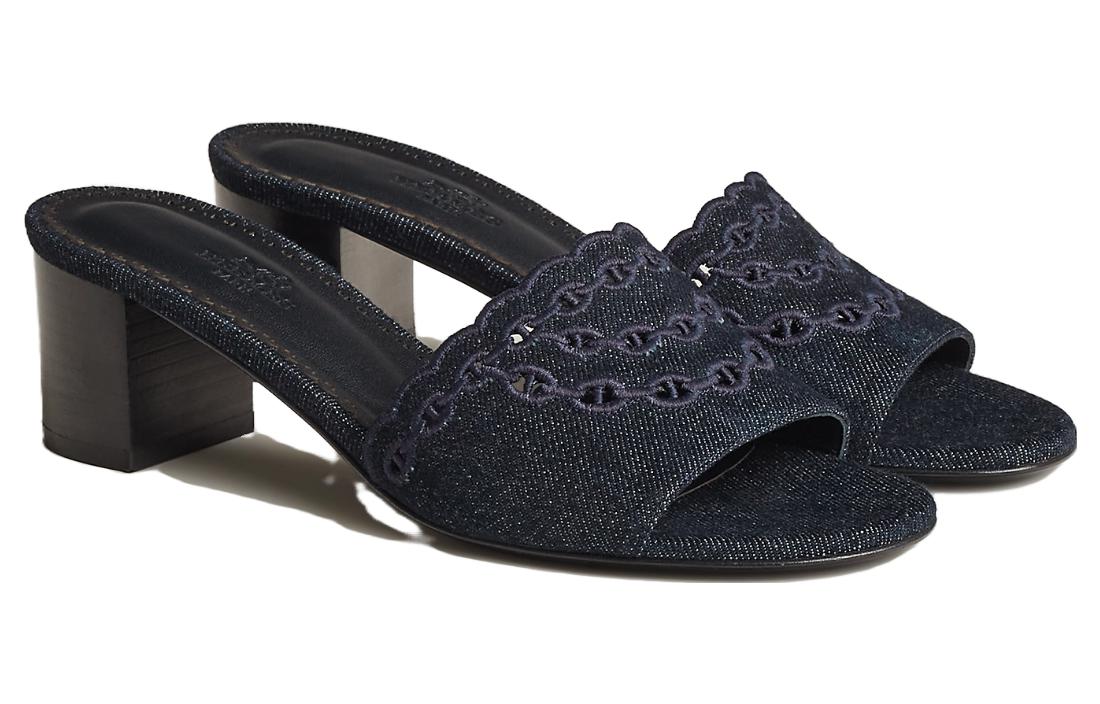 Lookbook HERMES愛馬仕 Gwladys 露指 粗跟 一字拖鞋 女款 海軍藍