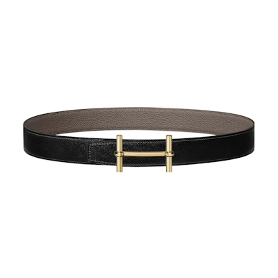 (Women) HERMES H d'Ancre Black Leather Belt with Smooth Buckle, 3.2cm Wide H077931CP2K-H073967CAAC090